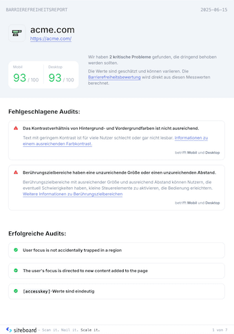 Ein Screenshot der ersten Seite eines PDF-Berichts von siteboard