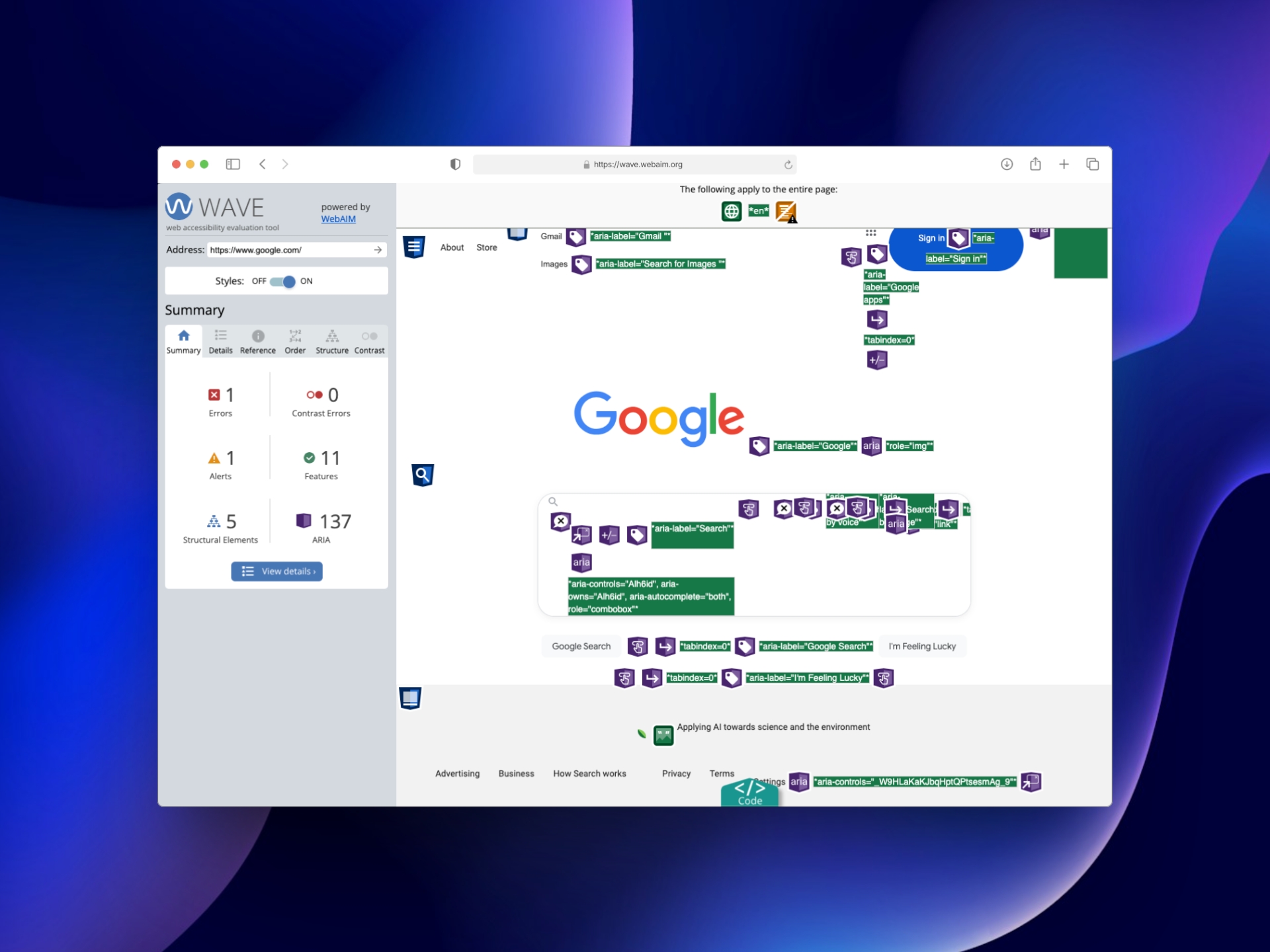 Screenshot der Analyse-Ergebnisse von WAVE